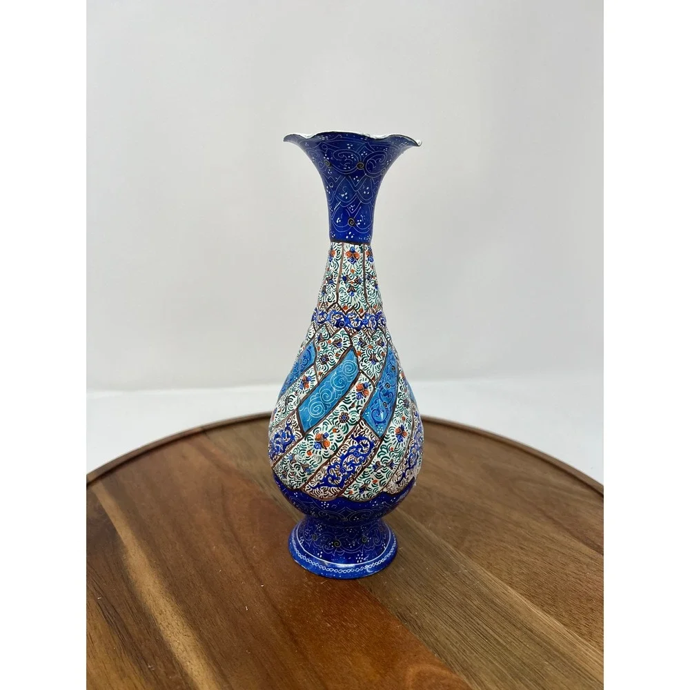 Hand Painted Enamel Vase Blue Floral‎ Pattern Decorative Tabletop Accent